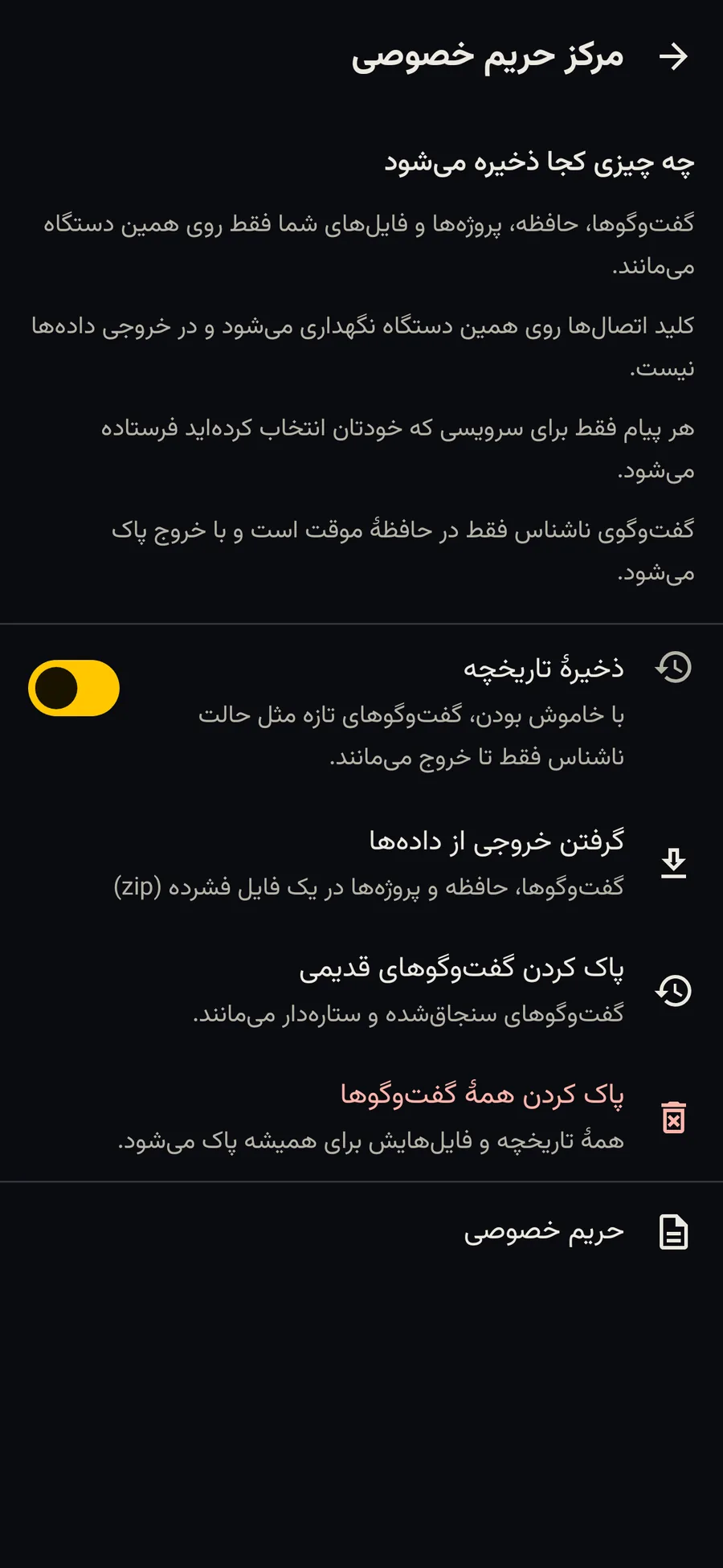 مرکز حریم خصوصی Gisoo AI که می‌گوید هر چیز کجا ذخیره می‌شود