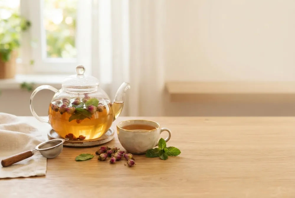 قوری شیشه‌ای چای با غنچهٔ گل‌محمدی و نعناع روی میز چوبی، سمت چپ کادر؛ سمت راست کادر روشن و خالی